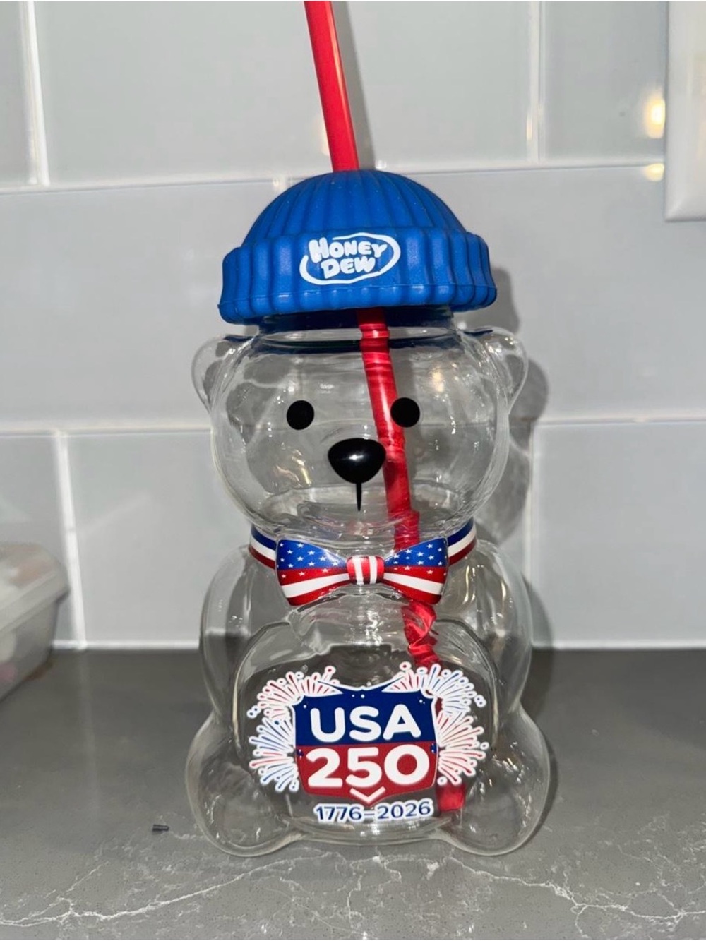 Collectors Honey Dew Bear Tumbler with Blue Hat and USA 250 Graphic